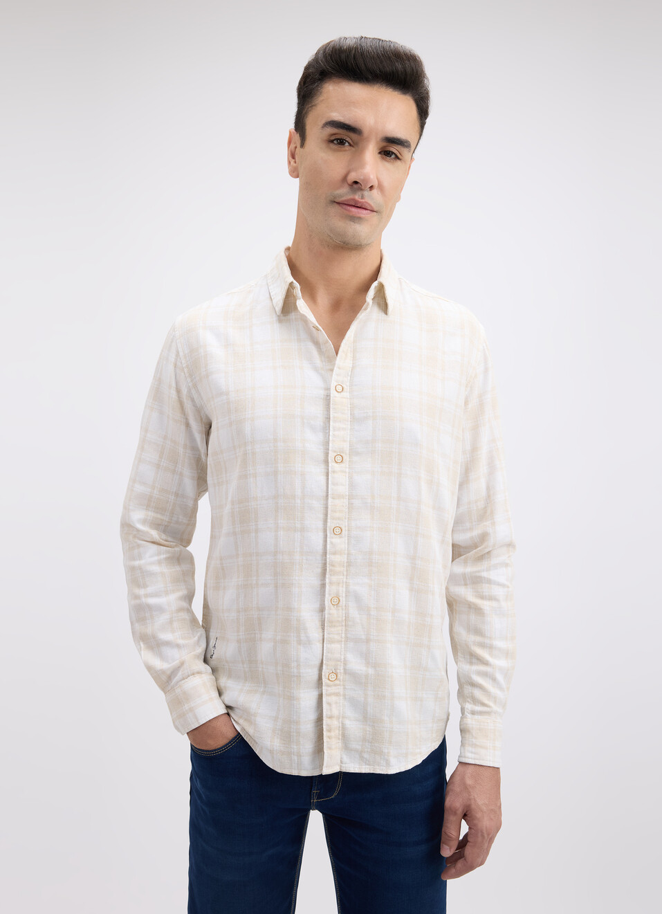 Men Beige Check Full Sleeve Shirt, , large image number 1