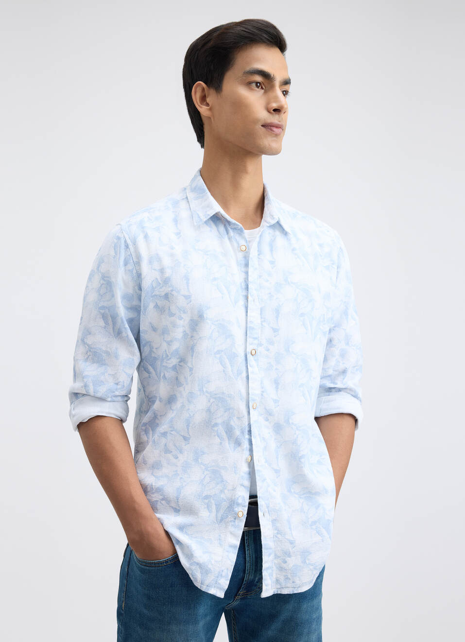 Men Blue Floral Print Full Sleeve Shirt, , large image number 0