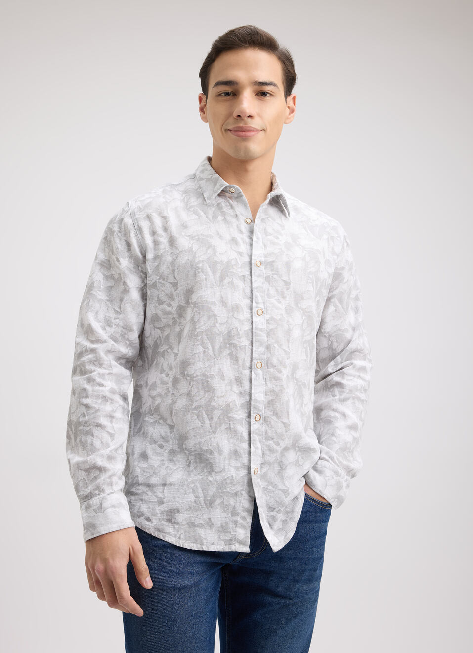 Men Grey Floral Print Full Sleeve Shirt, , large image number 1