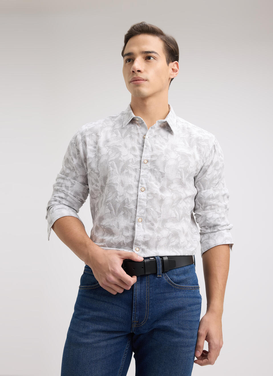 Men Grey Floral Print Full Sleeve Shirt, , large image number 0