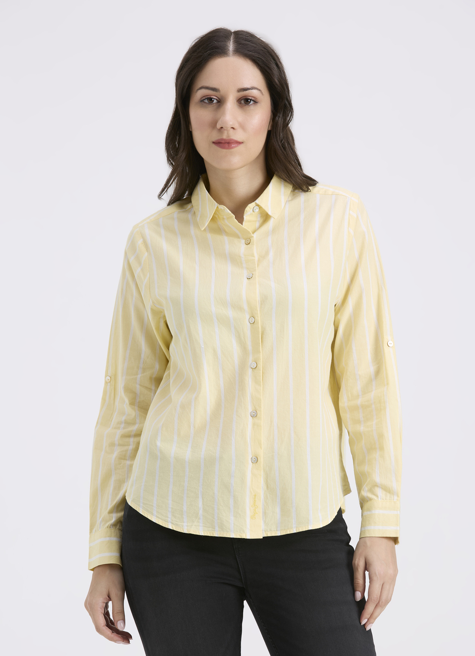 Women Yellow Vertical Stripe Full Sleeve Shirt, , large image number 1