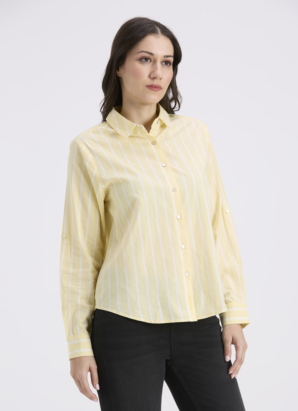 Women Yellow Vertical Stripe Full Sleeve Shirt, , large image number 3