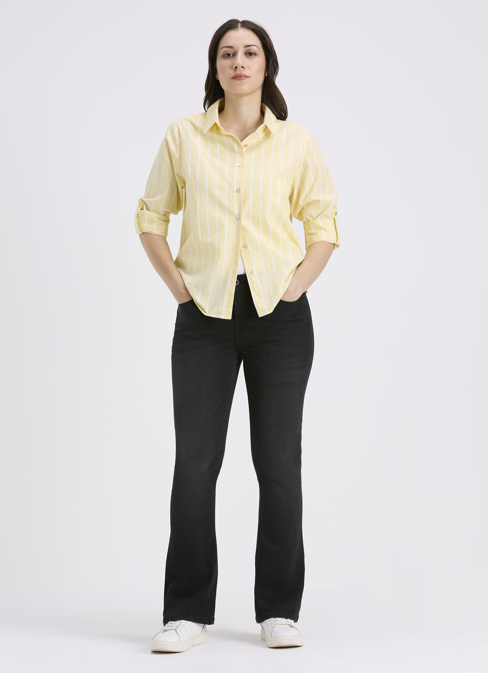 Women Yellow Vertical Stripe Full Sleeve Shirt, , large image number 5