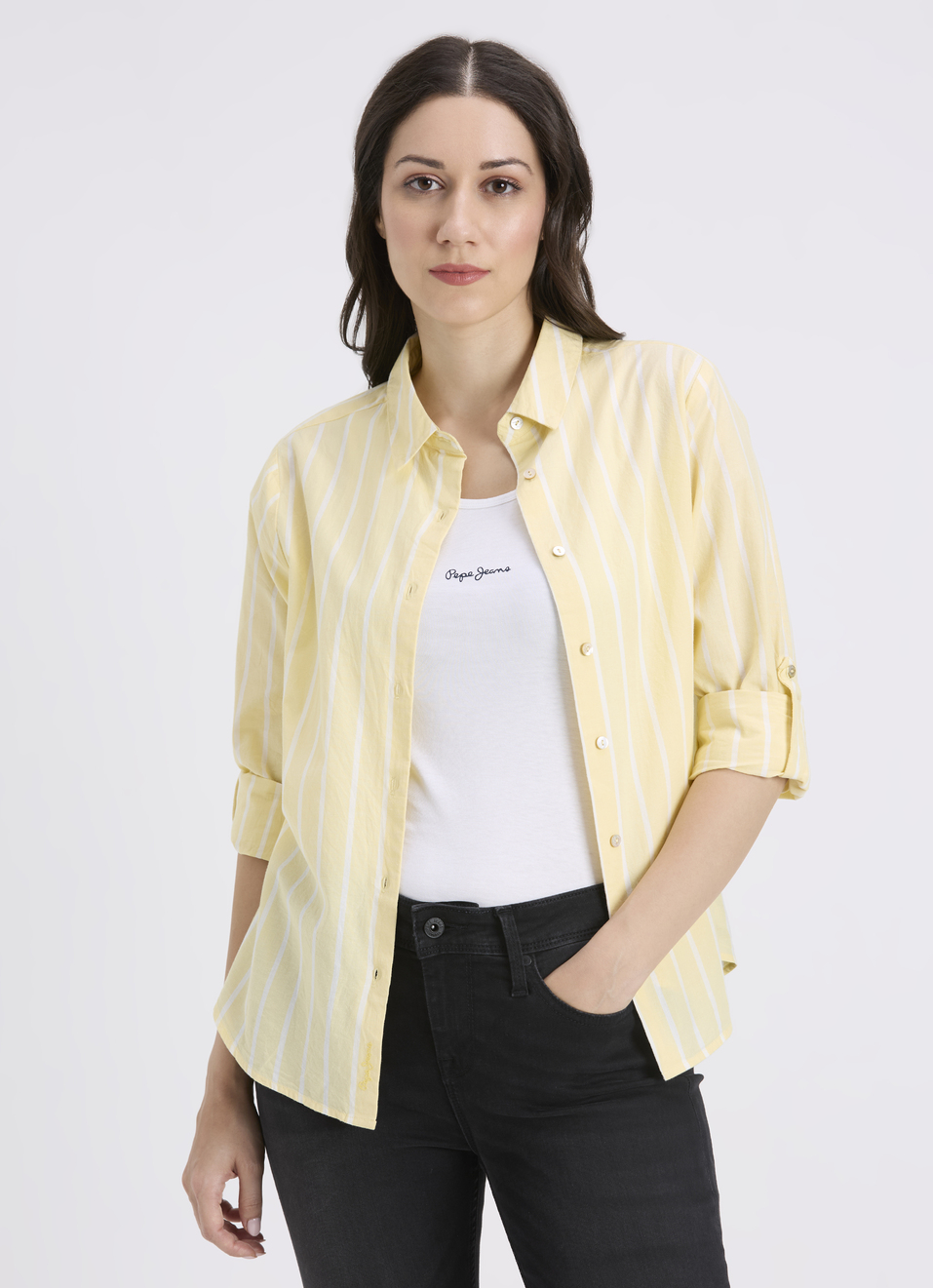 Women Yellow Vertical Stripe Full Sleeve Shirt, , large image number 0