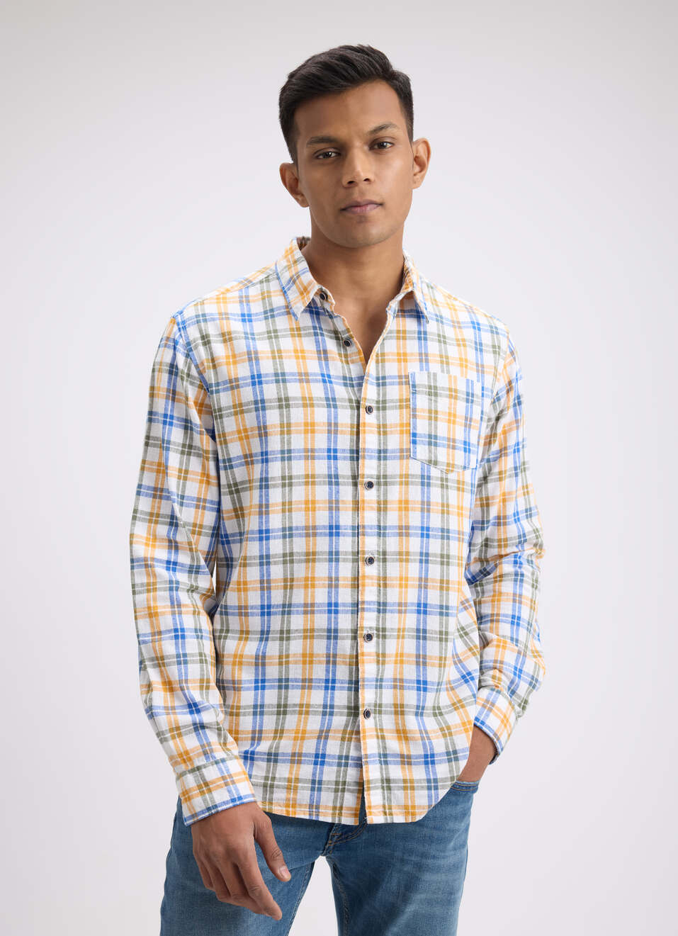 Men Orange Check Full Sleeve Shirt, , large image number 0