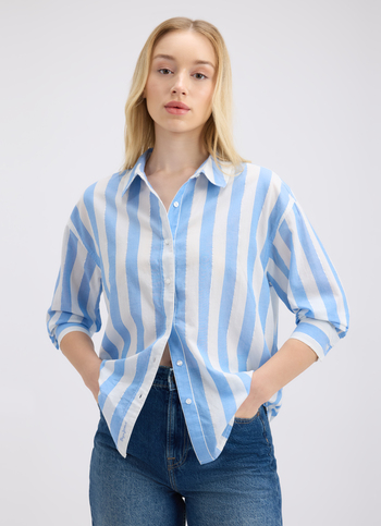 Women Blue Vertical Stripe Full Sleeve Oversized Shirt