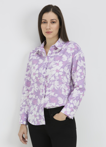 Women Purple Floral Print Full Sleeve Oversized Shirt