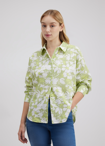 Women Green Floral Print Full Sleeve Oversized Shirt