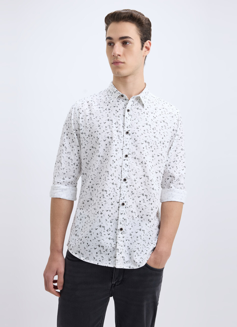 Men White All Over Minimal Print Full Sleeve Shirt, , large image number 0