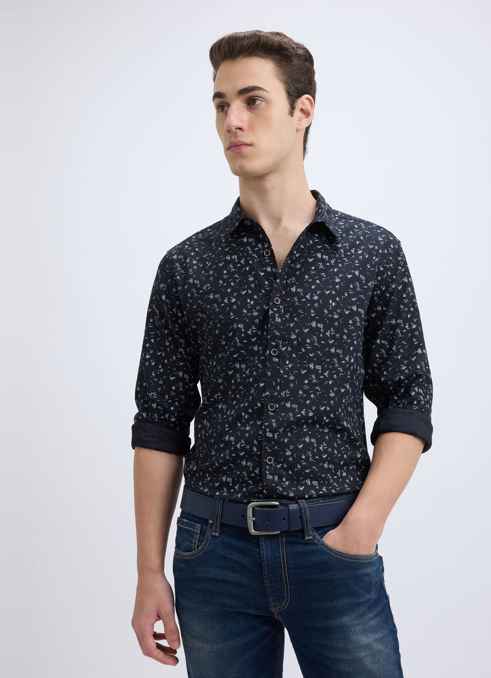 Men Black All Over Minimal Print Full Sleeve Shirt, , large image number 0