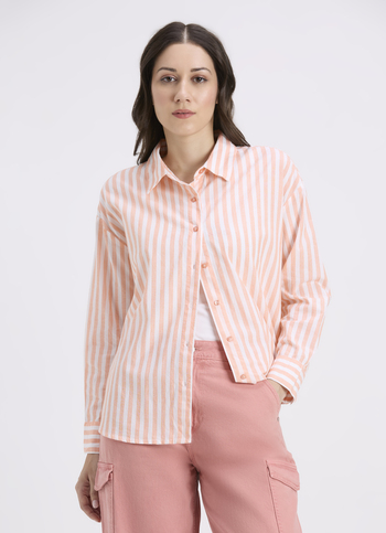 Women Orange Vertical Stripe Full Sleeve Oversized Shirt
