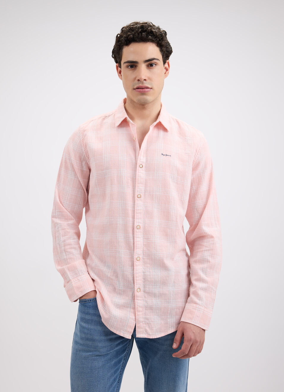 Men Peach Check Full Sleeve Shirt, , large image number 1