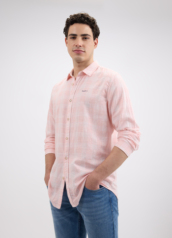 Men Peach Check Full Sleeve Shirt