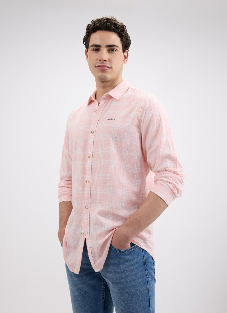 Men Peach Check Full Sleeve Shirt, , large image number 0
