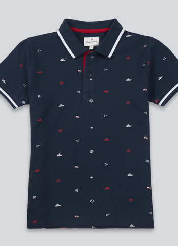 Boys Navy All Over Abstract Print Short Sleeve Polo