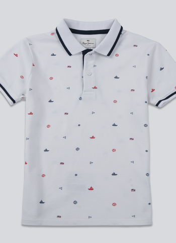 Boys White All Over Abstract Print Short Sleeve Polo