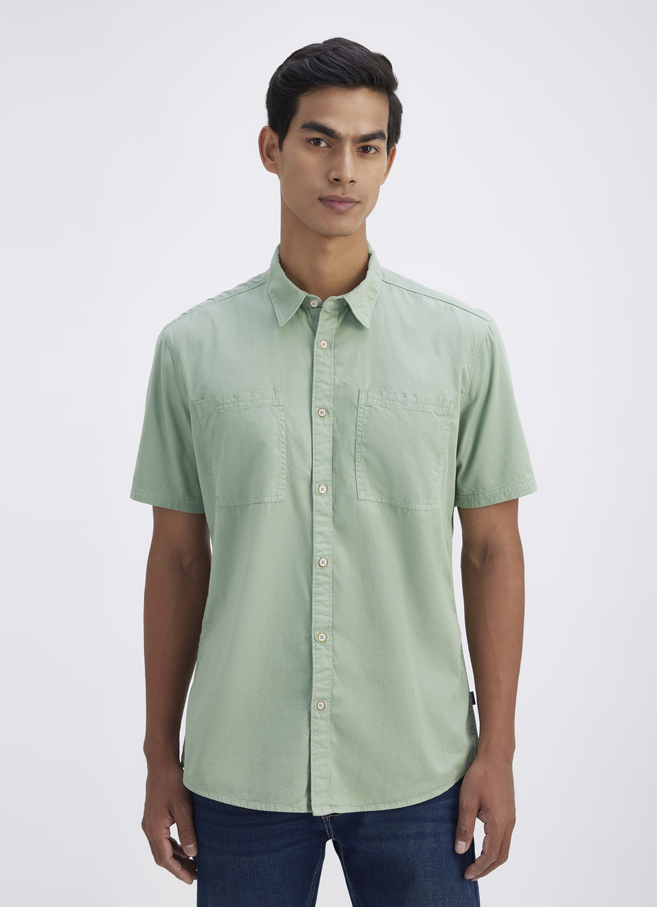 Men Green Overdyed Double Pocket Short Sleeve Shirt, , large image number 1