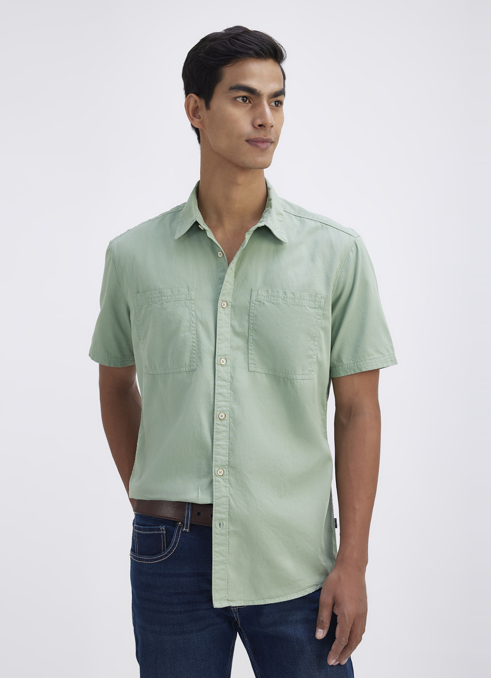 Men Green Overdyed Double Pocket Short Sleeve Shirt, , large image number 0