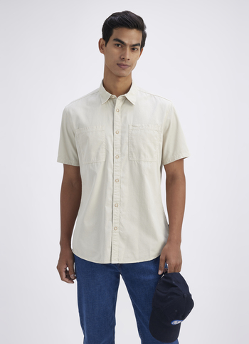 Men Beige Overdyed Double Pocket Short Sleeve Shirt