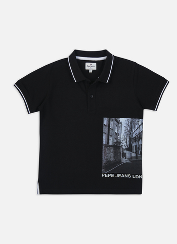 Boys Black Photographic Print Short Sleeve Polo