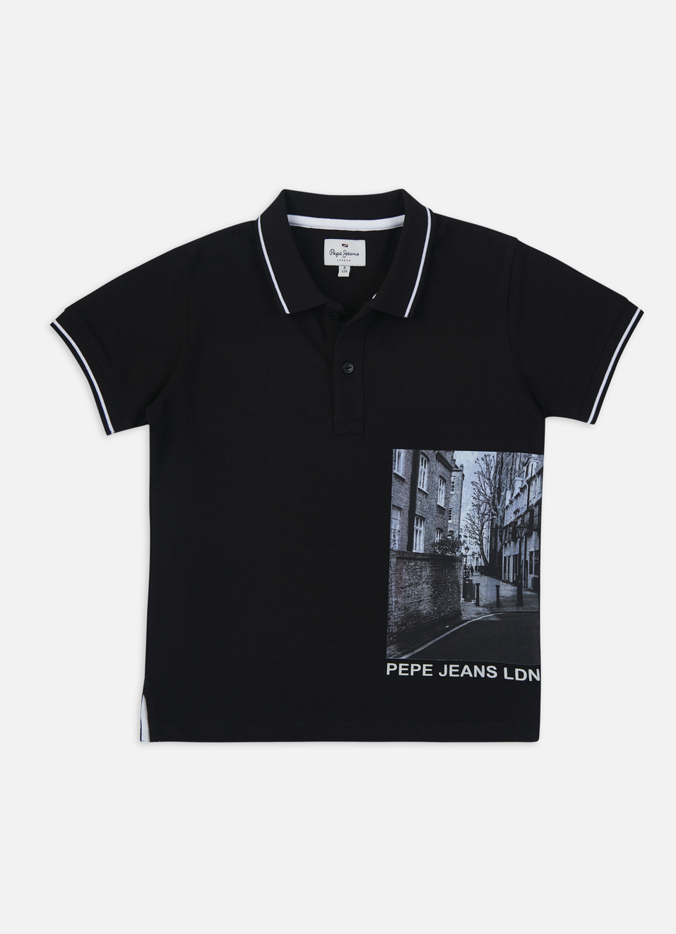Boys Black Photographic Print Short Sleeve Polo, , large image number 0