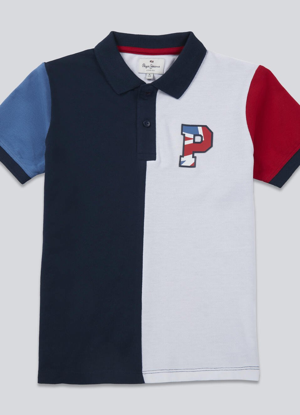 Boys Navy White Color Block Short Sleeve Polo, , large image number 0