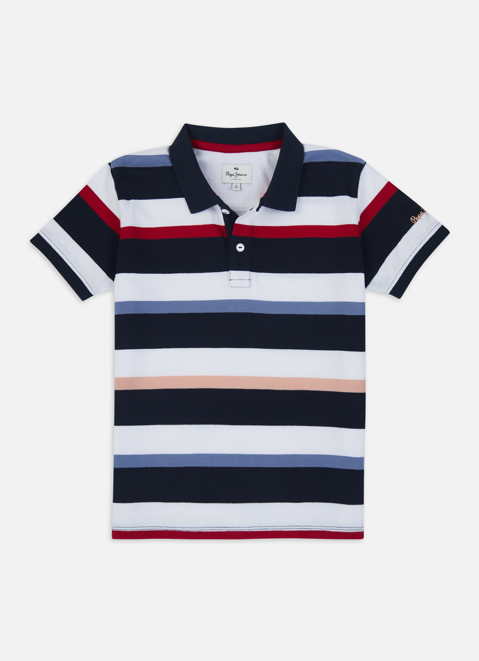 Boys Navy Horizontal Stripe Short Sleeve Polo, , large image number 0