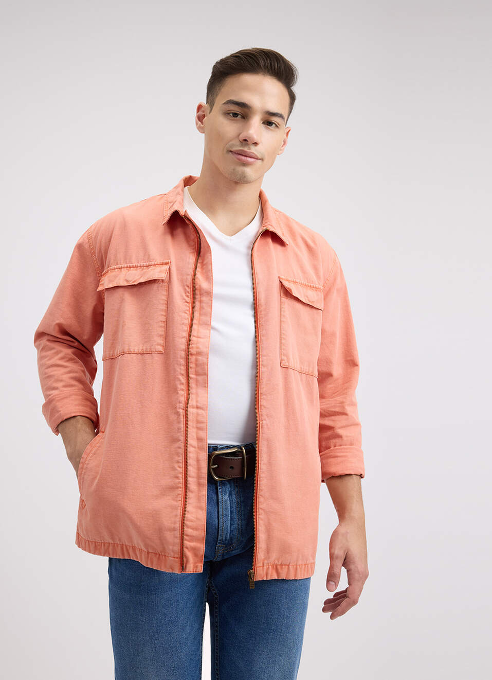 Men Orange Overdyed Oversized Zipper Shirt, , large image number 0
