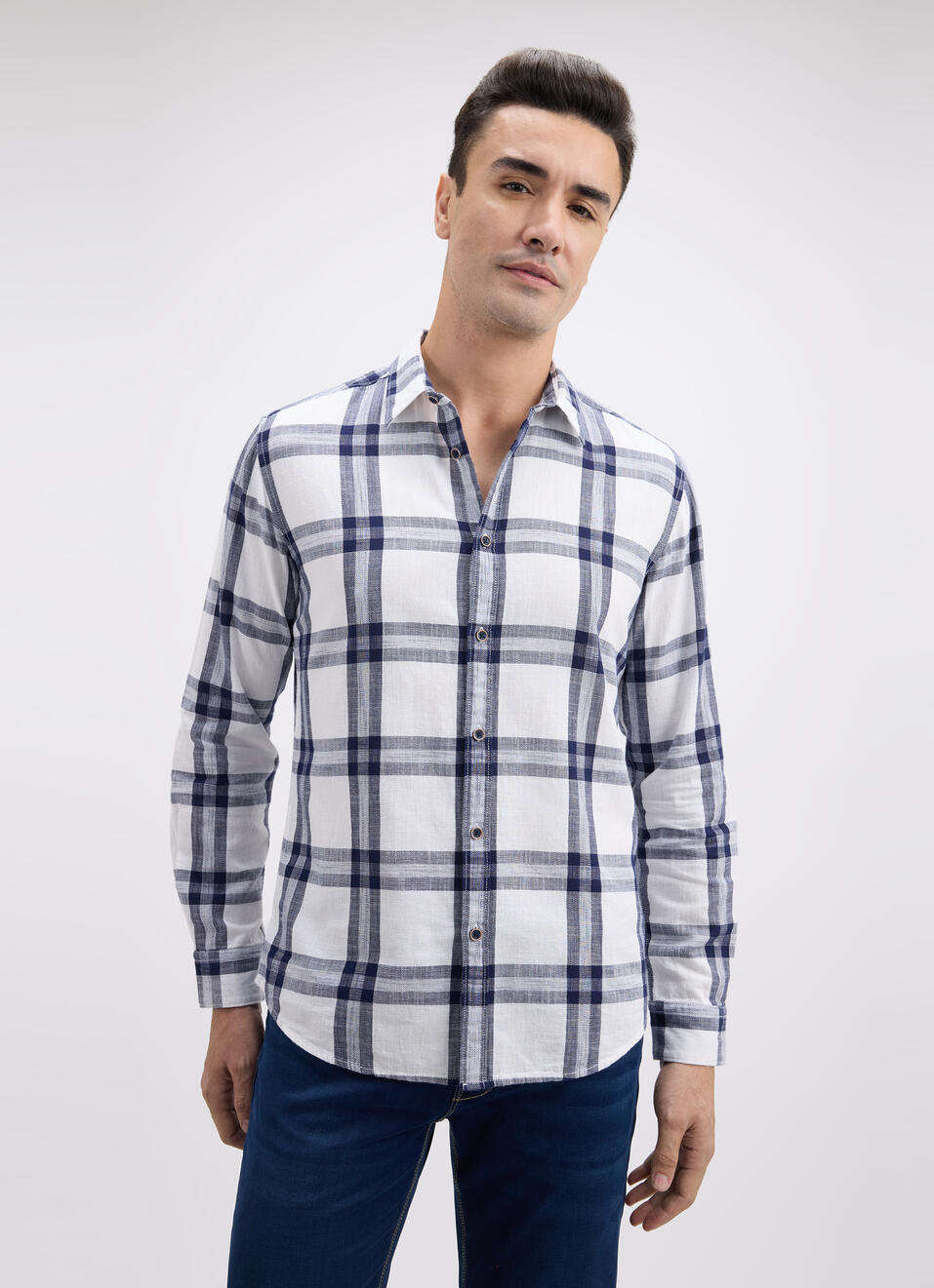 Men White Check Full Sleeve Shirt, , large image number 1