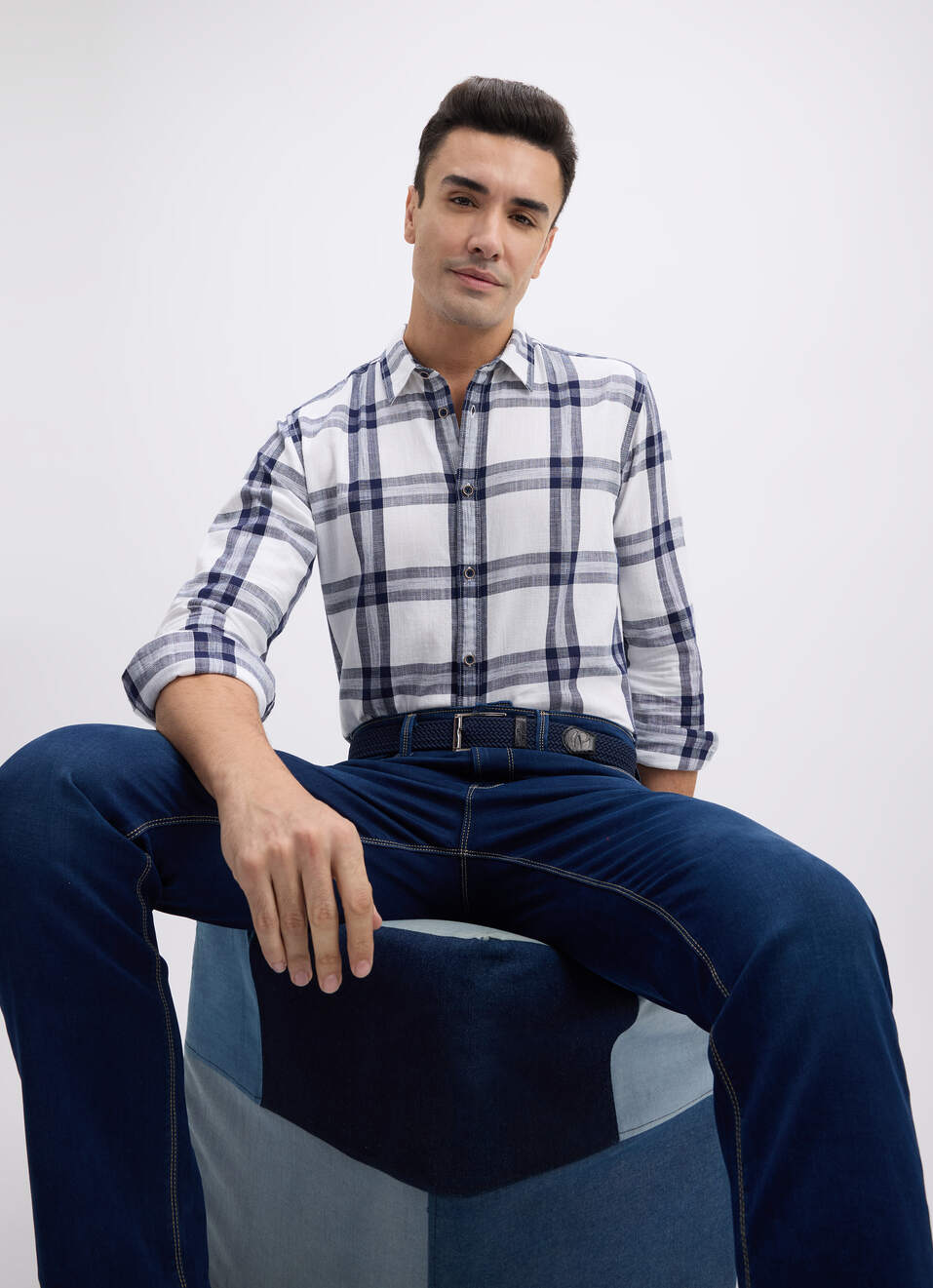 Men White Check Full Sleeve Shirt, , large image number 0