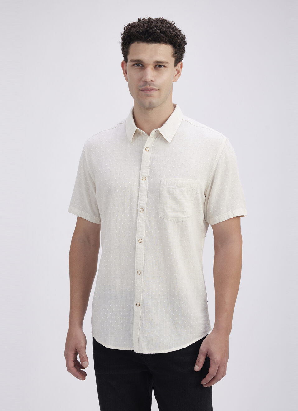 Men Beige Dobby Texture Short Sleeve Shirt, , large image number 1