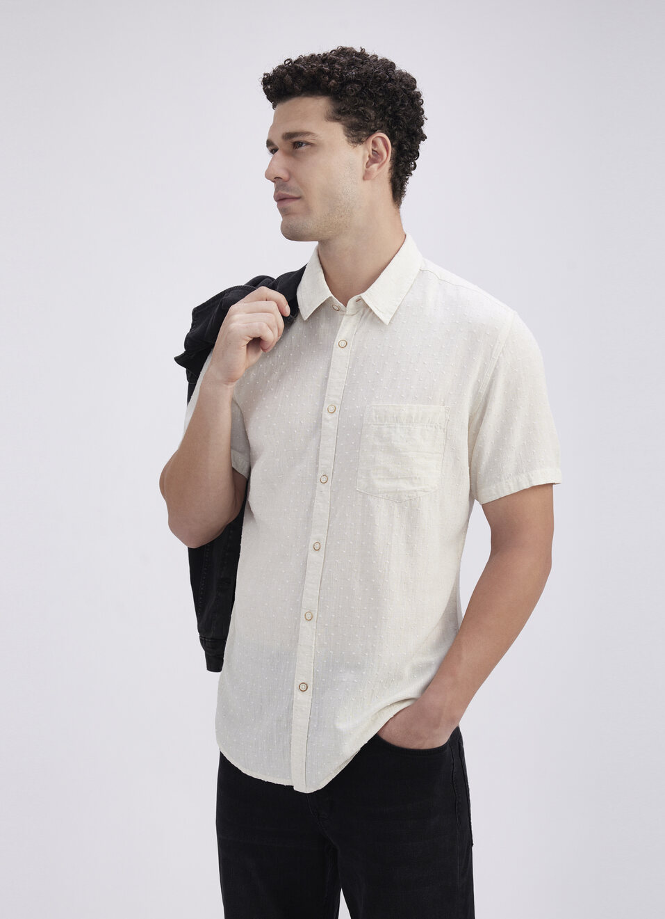 Men Beige Dobby Texture Short Sleeve Shirt, , large image number 0