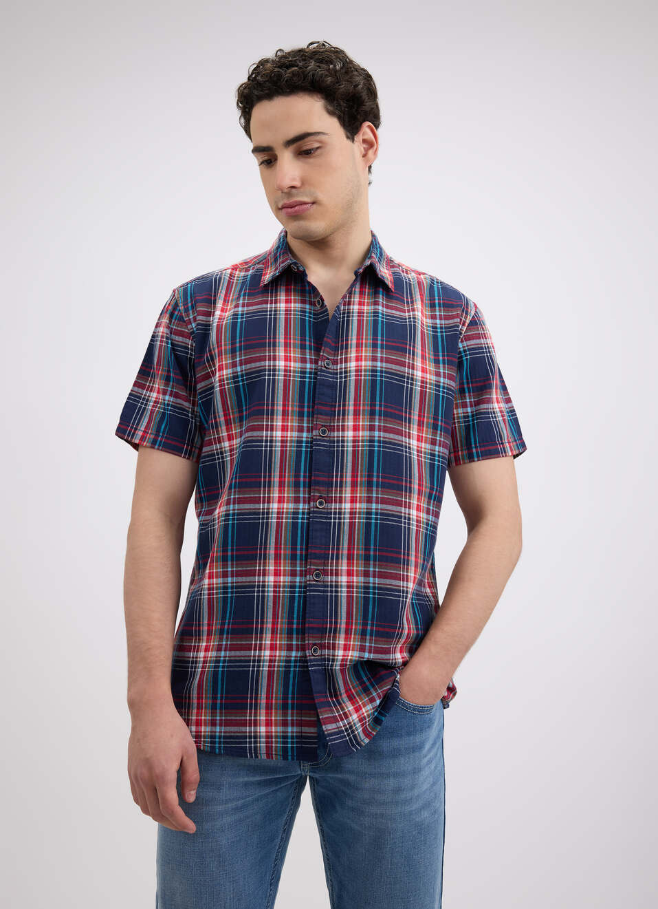 Men Navy Herringbone Checks Short Sleeve Shirt, , large image number 1