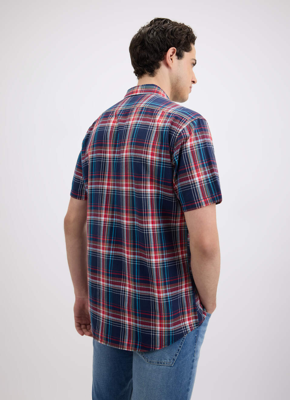 Men Navy Herringbone Checks Short Sleeve Shirt, , large image number 2