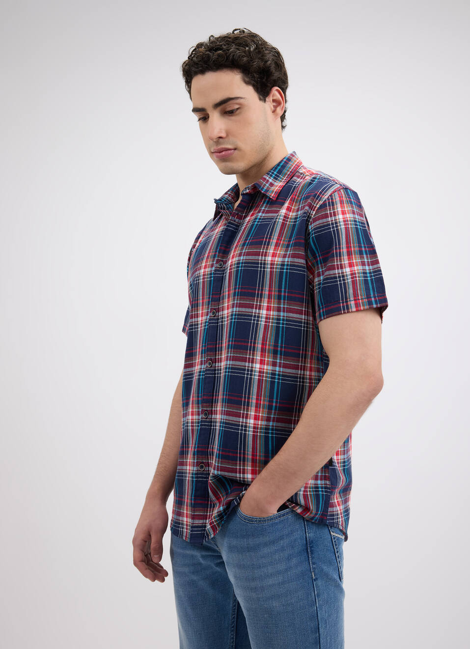 Men Navy Herringbone Checks Short Sleeve Shirt, , large image number 3