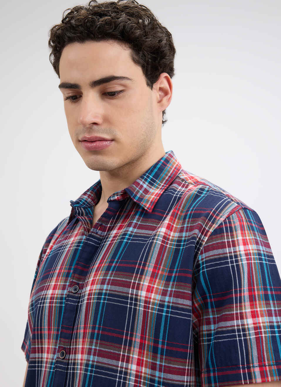 Men Navy Herringbone Checks Short Sleeve Shirt, , large image number 4