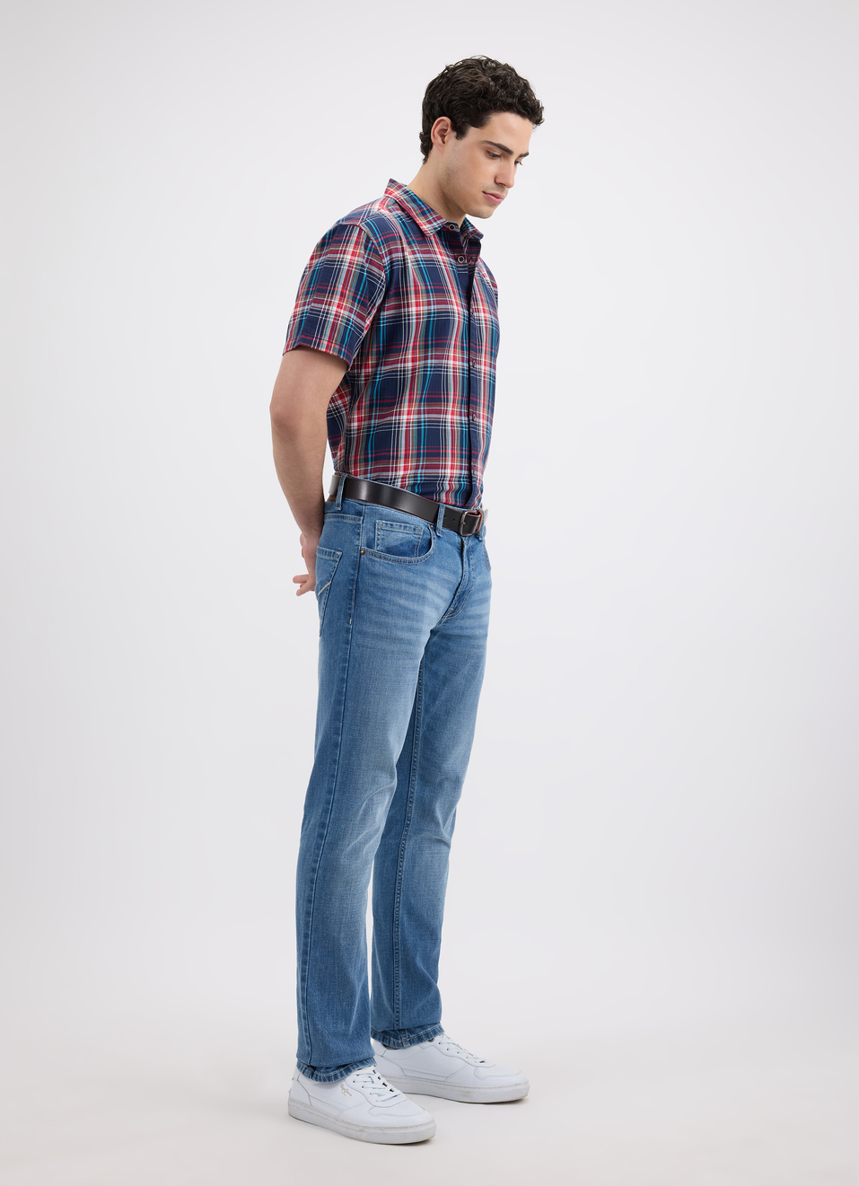 Men Navy Herringbone Checks Short Sleeve Shirt, , large image number 5