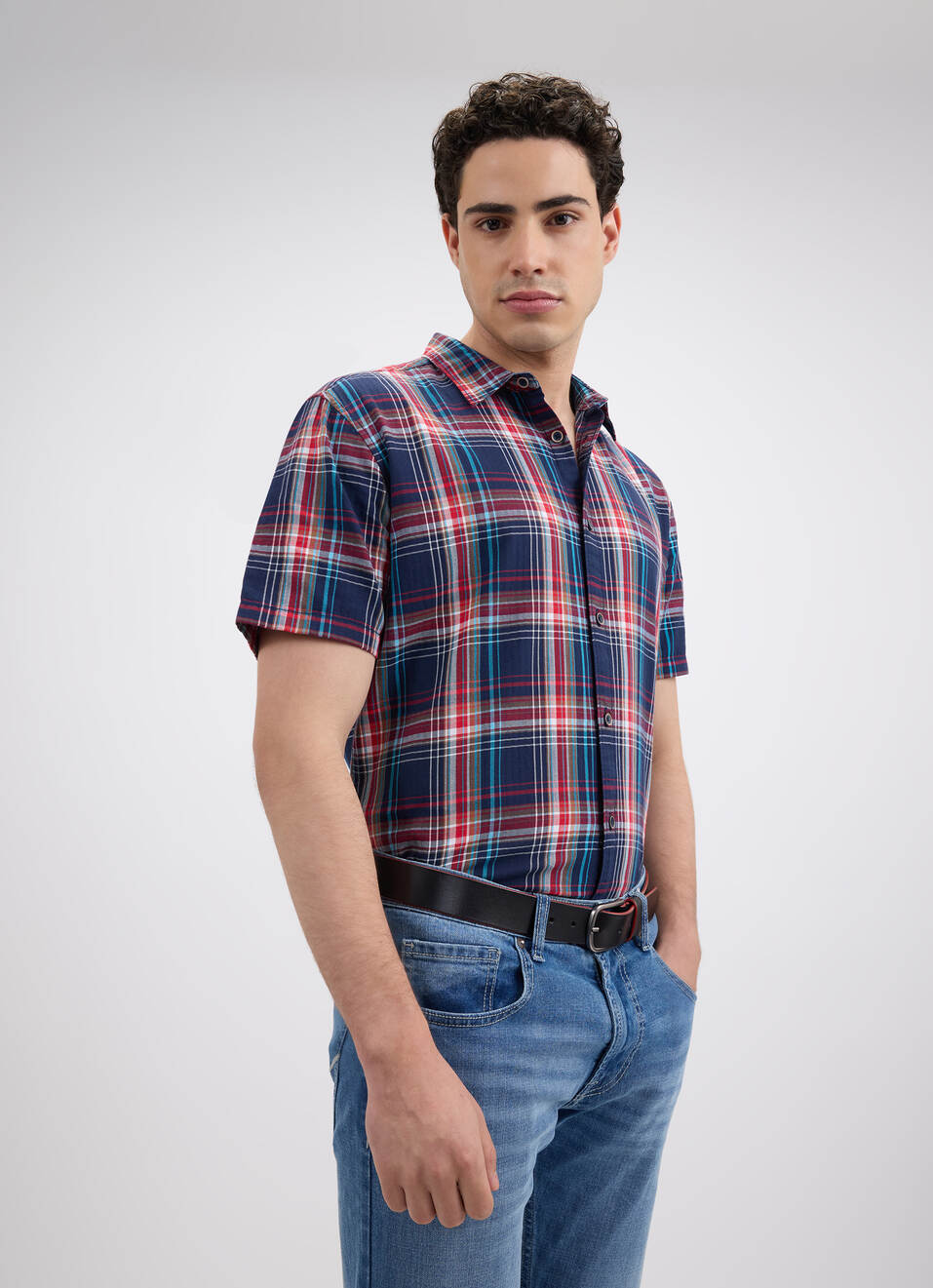 Men Navy Herringbone Checks Short Sleeve Shirt, , large image number 0