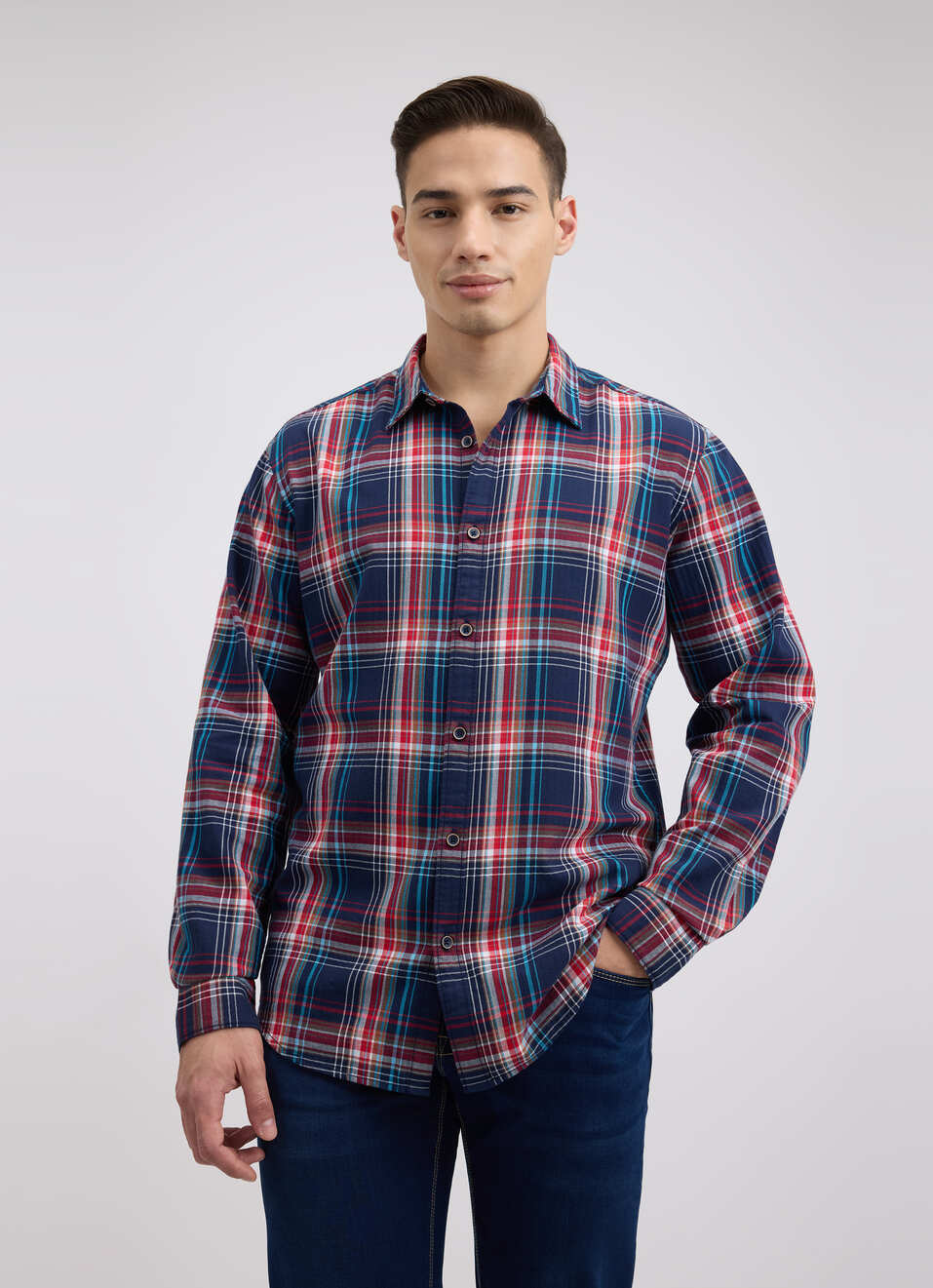 Men Navy Herringbone Check Full Sleeve Shirt, , large image number 1