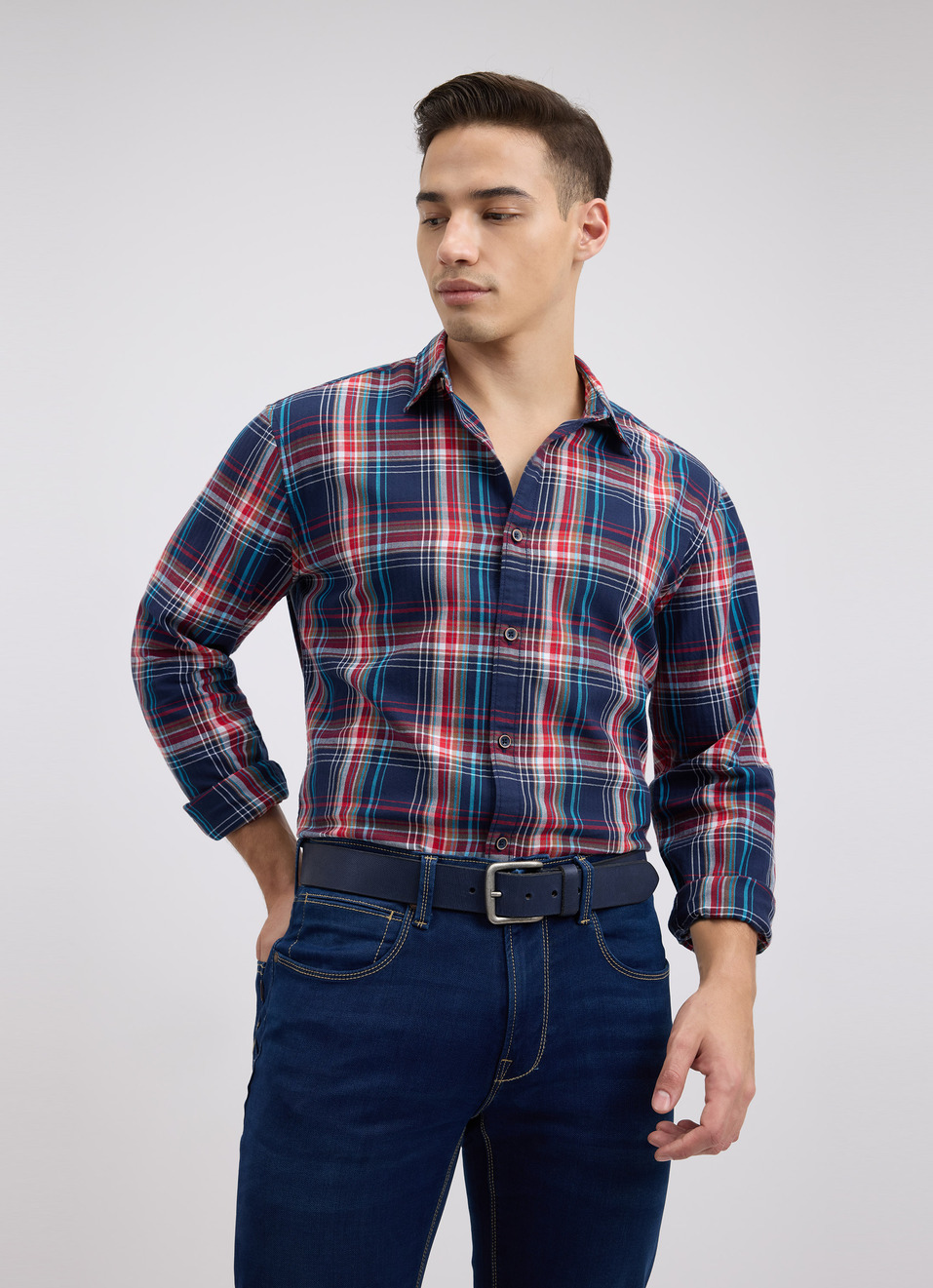 Men Navy Herringbone Check Full Sleeve Shirt, , large image number 0