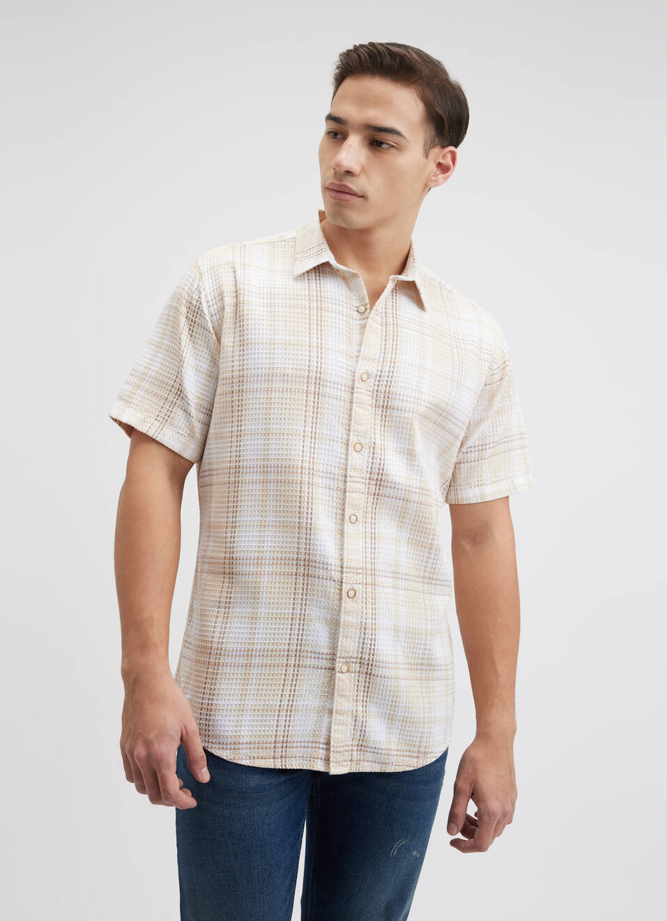Men Beige Check Short Sleeve Shirt, , large image number 1