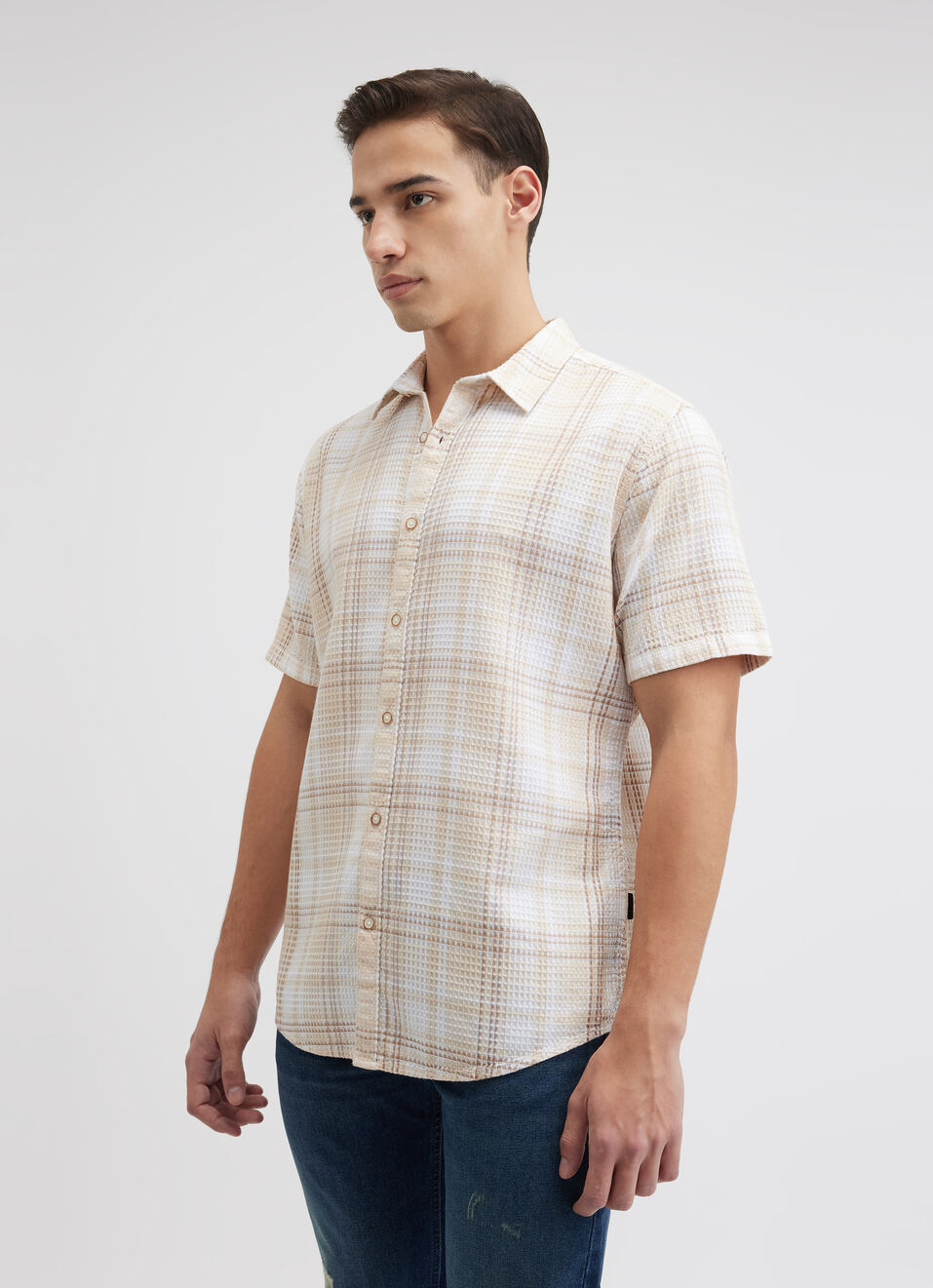 Men Beige Check Short Sleeve Shirt, , large image number 3