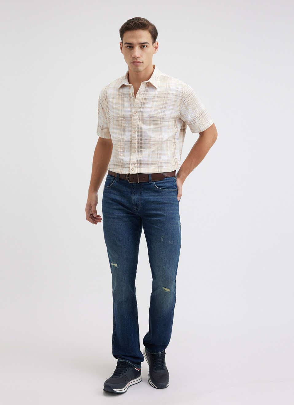 Men Beige Check Short Sleeve Shirt, , large image number 5