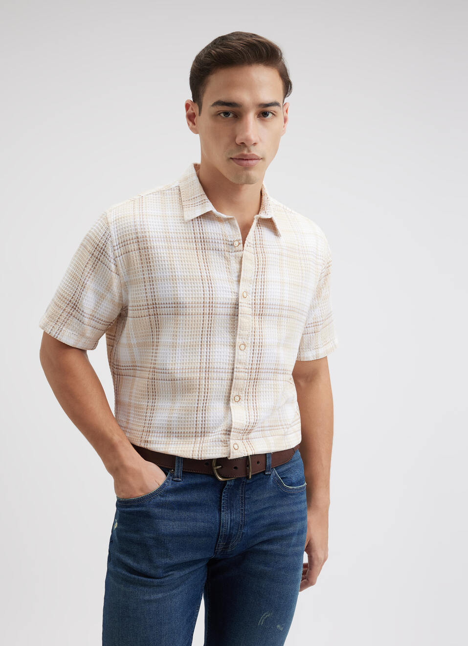 Men Beige Check Short Sleeve Shirt, , large image number 0