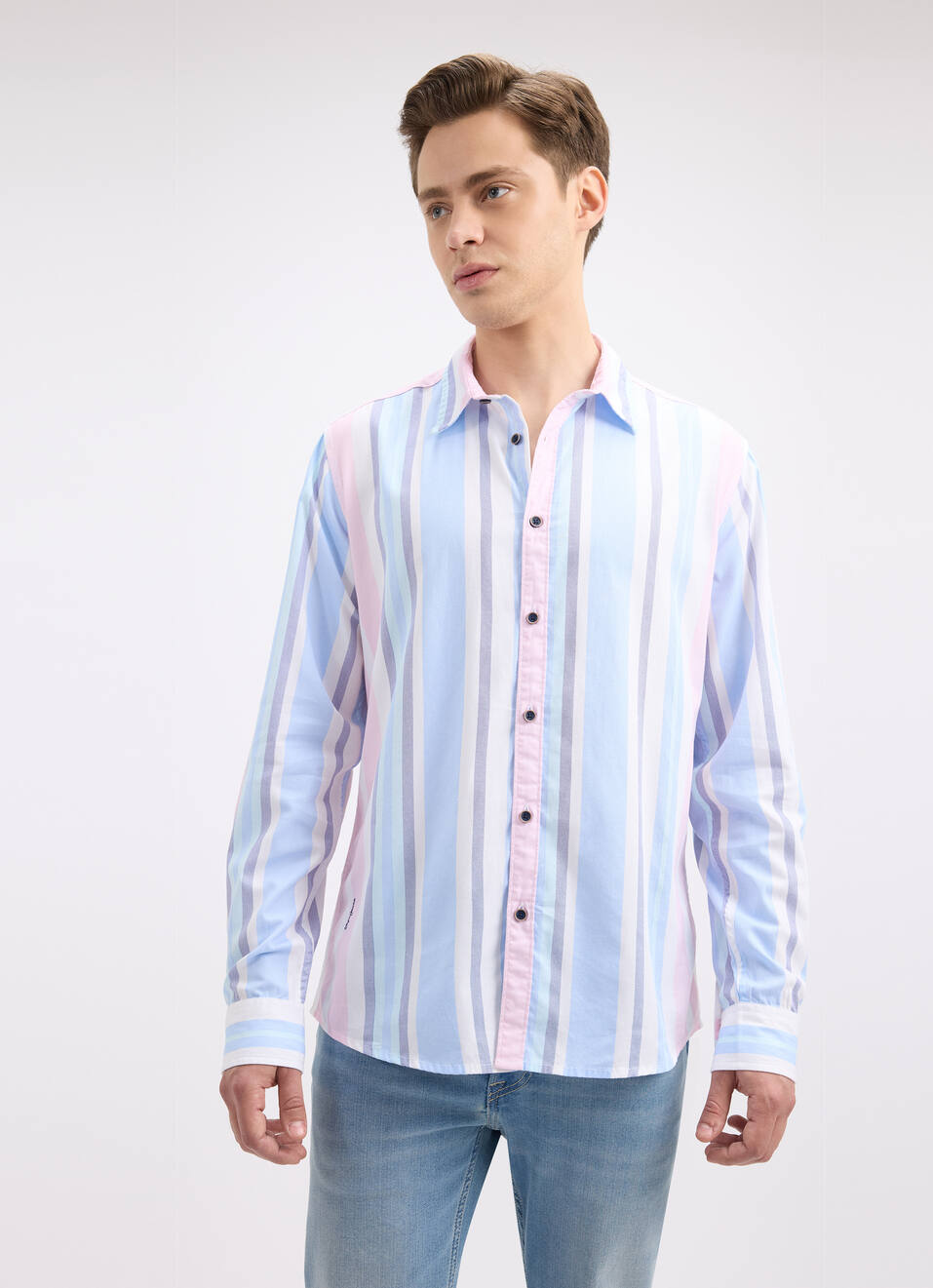 Men Blue Vertical Stripe Full Sleeve Shirt, , large image number 1