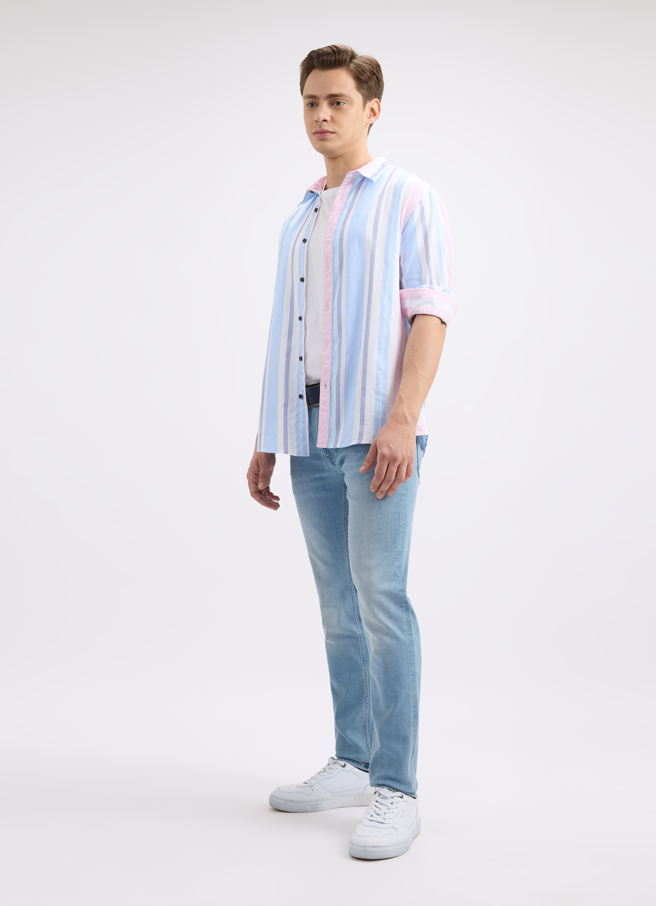 Men Blue Vertical Stripe Full Sleeve Shirt, , large image number 5