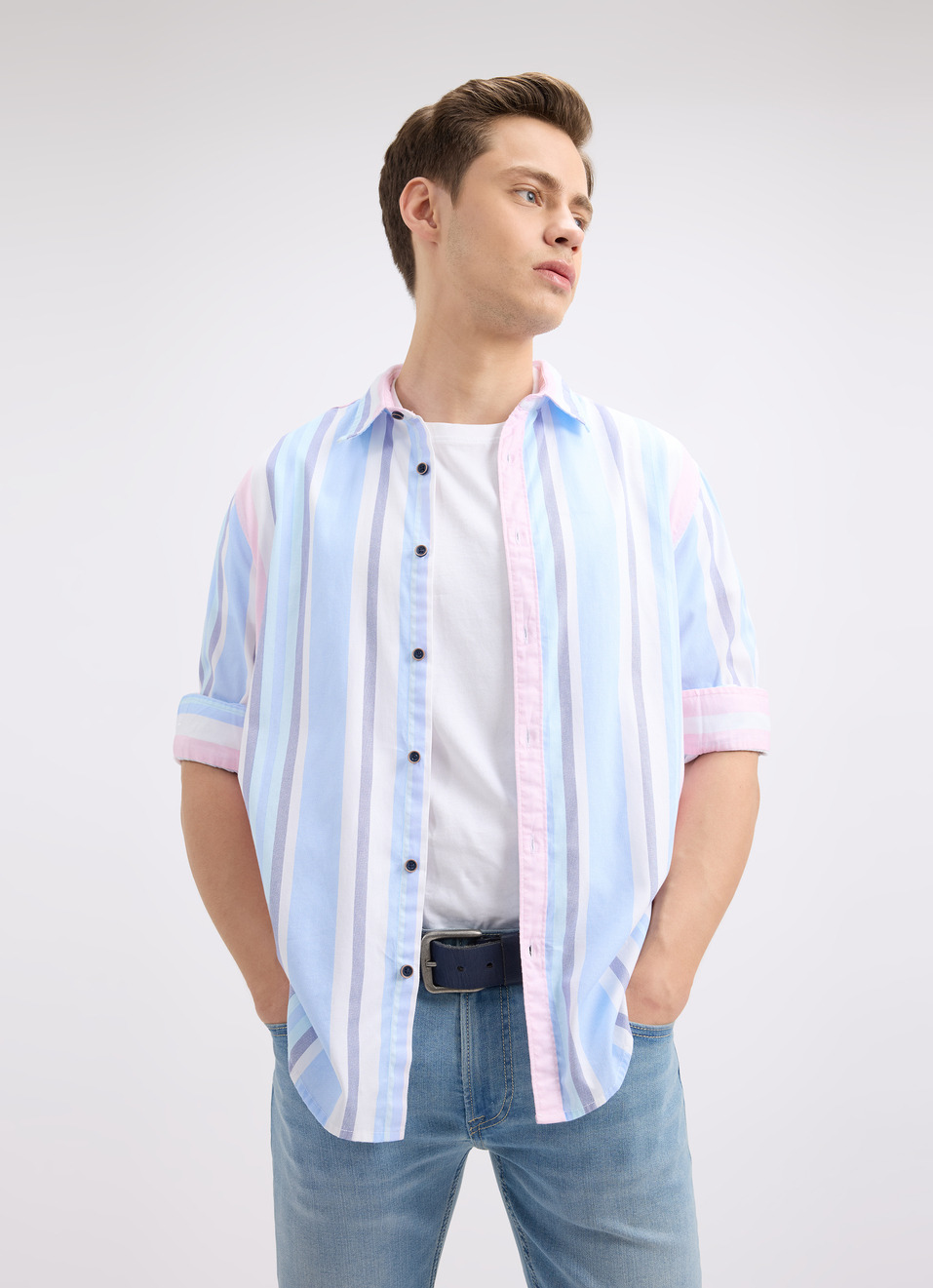 Men Blue Vertical Stripe Full Sleeve Shirt, , large image number 0