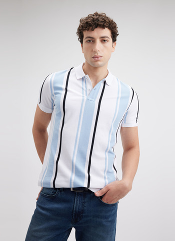 Men Blue Vertical Stripe Short Sleeve Polo