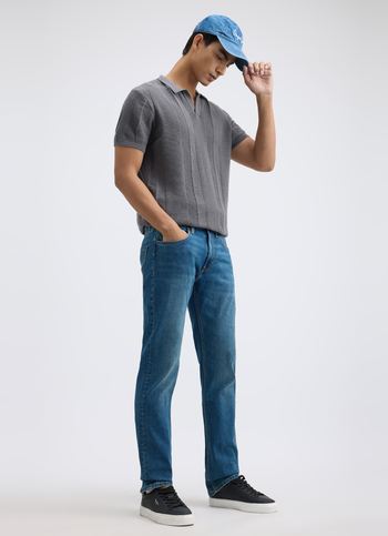 Men Grey Johnny Neck Short Sleeve Flat Knit Polo