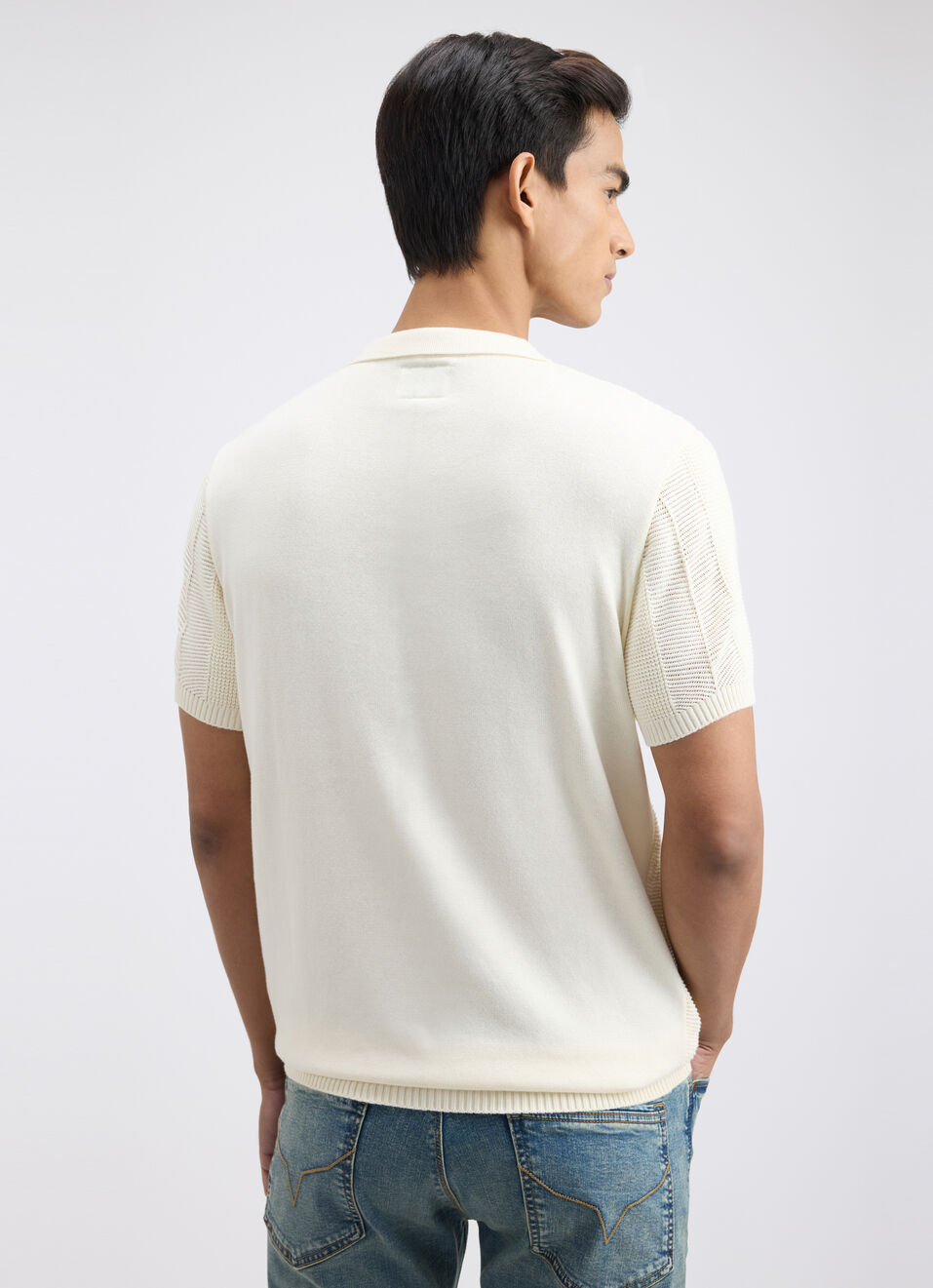 Men Ecru Johnny Collar Short Sleeve Flat Knit Polo, , large image number 2